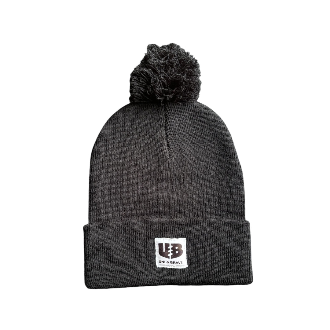 Bonnet Luge Noir Avec Pompon - Tricoté Uni - Neuf Avec étiquettes